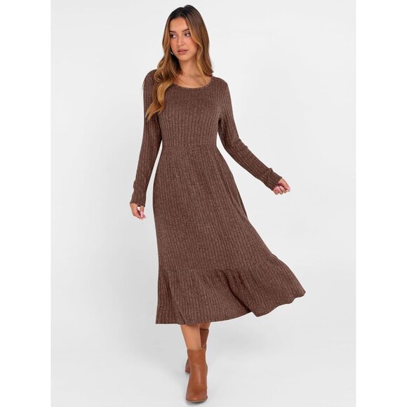 Womens Long Sleeve Midi Dress Rib Knit Crew Neck A Line Flowy Casual - Picture 4 of 7